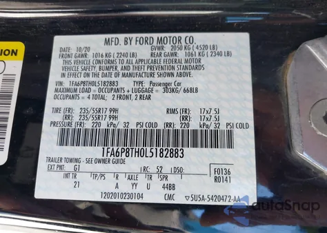 2020 Ford Mustang Ecoboost Fastback z USA, uszkodzony, nr VIN 1FA6P8TH0L5182883